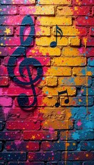 Wall Mural - Vibrant spray paint music notes on brick wall, rhythm, wall