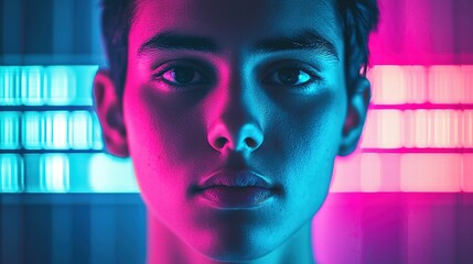 Wall Mural - A close-up portrait of a young person illuminated by vibrant blue and pink lights, creating a modern, artistic atmosphere.