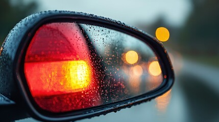 Sticker - Rainy Night, Car Mirror, Traffic, Lights, Reflection