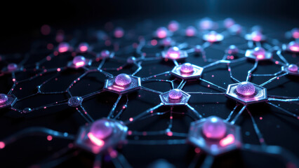 Wall Mural - Image depicts a futuristic neural network with glowing pink connections against a dark background, suggesting advanced technological connectivity.