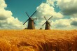 © Michael - Two windmills stand tall amidst a vast wheat field under a cloudy sky