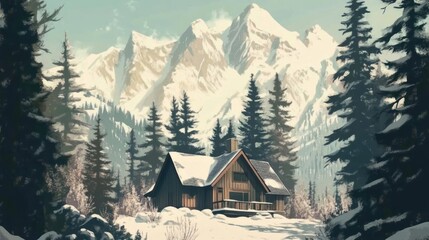 Canvas Print - Winter Cabin nestled in a snowy mountain forest