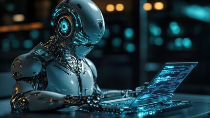 Advanced AI Robot Working on a Laptop in a Futuristic Setting