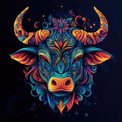  Taurus zodiac sign, colorful with sacred geometry and tribal patterns in the background