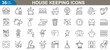 © Kashif - Housekeeping icons set. Detailed vector illustration featuring a wide range of cleaning tools, supplies, equipment, and maintenance symbols perfect for home, office, and more.