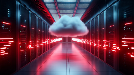 Wall Mural - a cloud floating in the center of a dimly lit server room, with cables and fiber optics glowing arou