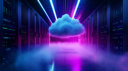 Wall Mural - a cloud floating in the center of a dimly lit server room, with cables and fiber optics glowing arou