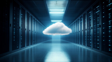 Wall Mural - a dramatic image of a cloud materializing in the center of a server room, casting a soft light over 