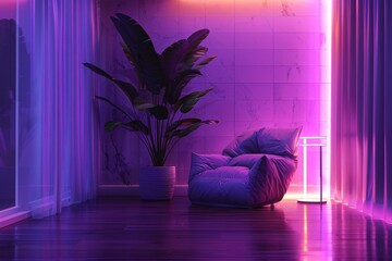 Wall Mural - Empty living room illuminated with purple and orange neon lights featuring a sofa and plant