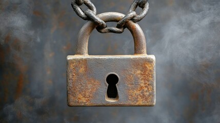 Sticker - Rusty padlock chained, smoky background, security concept