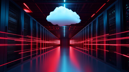 Wall Mural - a serene cloud hovering above a modern server room, with thin digital lines connecting it to the ser