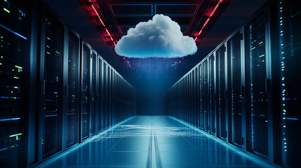 Wall Mural - a serene cloud hovering above a modern server room, with thin digital lines connecting it to the ser