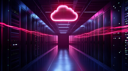Wall Mural - a cloud-shaped hologram above a server room, with flickering lights on the server racks symbolizing 