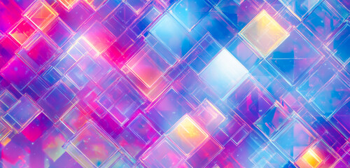 Abstract digital background with glowing holographic geometric shapes and squares, representing the concept of blockchain technology