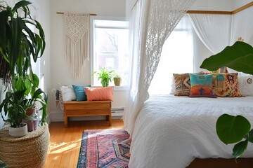 Wall Mural - Sunny bedroom, bohemian decor, plants, rug