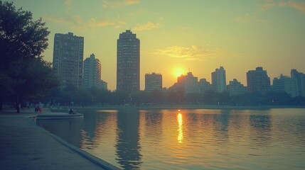 Sunset city park lake reflection serenity