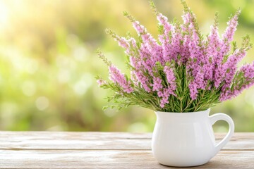 Wall Mural - Beautiful bouquet of soft pink heather flowers in a white ceramic vase on a rustic wooden table illuminated by natural sunlight