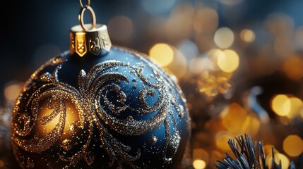 Elegant blue christmas ornament with gold glitter on bokeh background