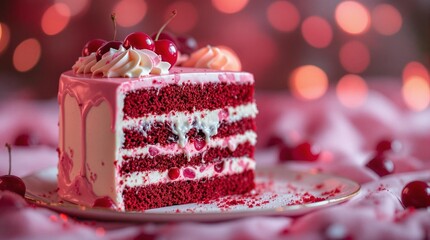 Wall Mural - a red velvet cake with white frosting and red filling, placed on a white plate with red and white confetti scattered around. The background features a bokeh effect with red lights.