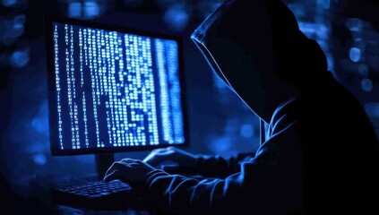 hacker silhouette in binary code on computer screen Generative AI