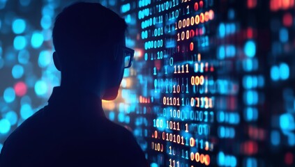 A hacker's silhouette in the middle of binary code on a computer screen, close up Generative AI