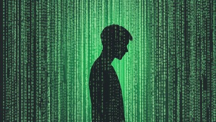 Hacker silhouette on a computer screen made of binary code Generative AI