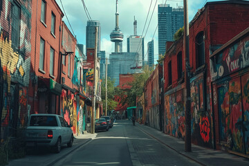 Naklejka na meble A colorful graffiti-covered alleyway in a bustling metropolis