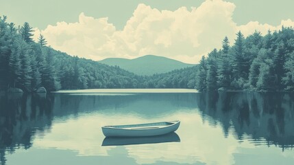 Naklejka na meble Serene Rowboat on Calm Lake Surrounded by Mountains and Trees