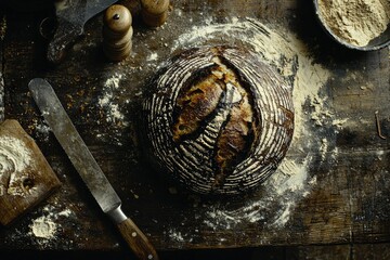 Wall Mural - Rustic sourdough bread baked to perfection on wooden table