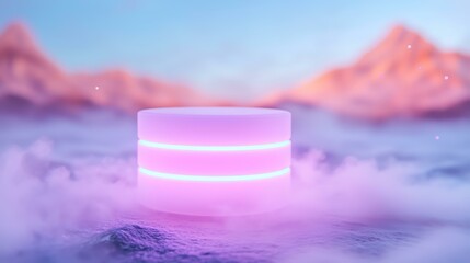 Wall Mural - neon futuristic podium in misty mountain landscape with vibrant pink glow
