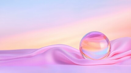 Wall Mural - iridescent glass sphere on pink silk against gradient sky backdrop