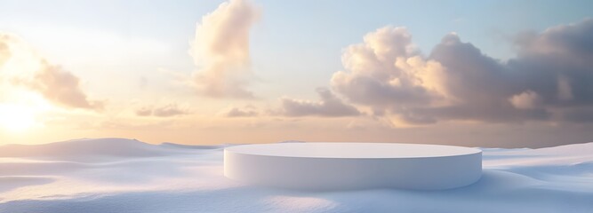 Wall Mural - a podium set on a pristine white snowfield, with soft clouds floating in a pale blue sky and golden 