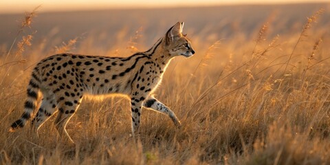 Poster - Golden Sunrise Over the African Savanna With a Serval. Generative AI