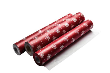 Wall Mural - Festive red wrapping paper rolls adorned with white snowflakes, perfect for holiday gift-giving during winter celebrations isolated on transparent background