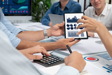Aufkleber - Diverse corporate audit team or company bookkeeper and accountant consultant calculate account expenses and income budget analyzed by BI dashboard on tablet for tax refunds. Prudent
