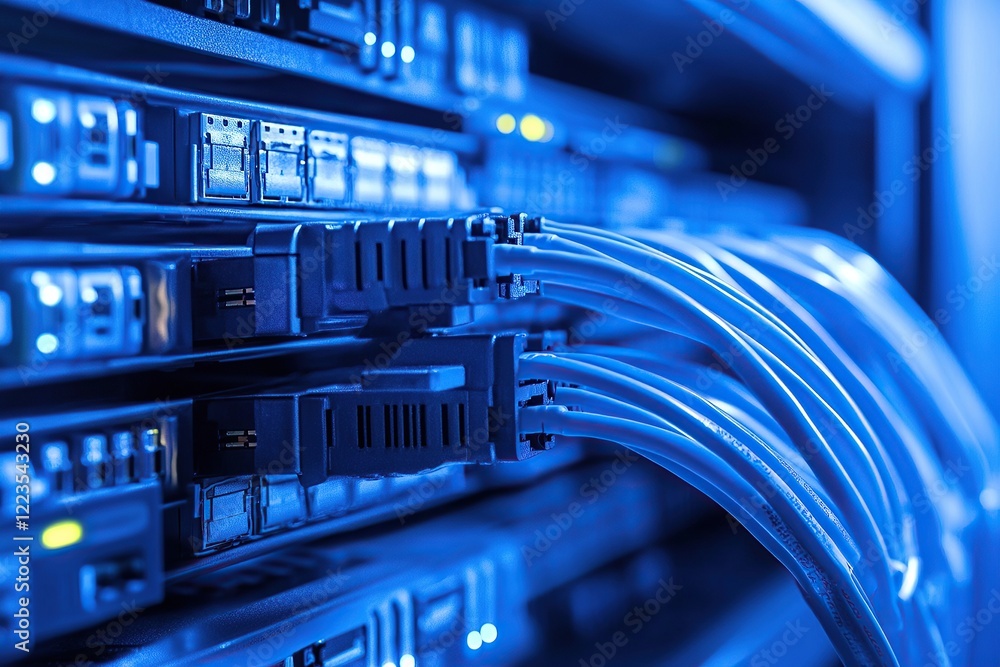 Organized Network Server Rack with Blue LED Lighting and Connected ...