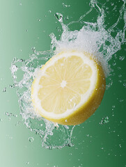 Canvas Print - lemon cut in half captured mid-air In front of splashes with clear water behind