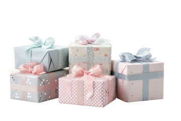 Wall Mural - Delicate pastel gift boxes stacked together, wrapped in delightful patterns, adding charm to special celebrations isolated on transparent background