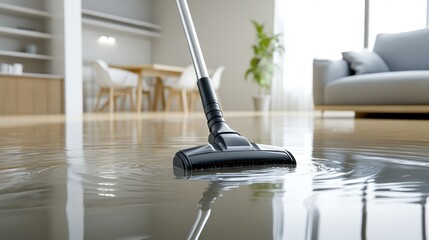 Wall Mural - A vacuum cleaner is being used on a wet floor, reflecting a modern living space with furniture in the background.