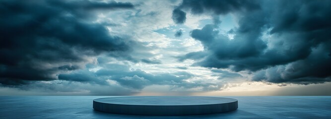 Wall Mural - a podium on a vast open plain, with storm clouds gathering in the sky and dramatic lighting from the