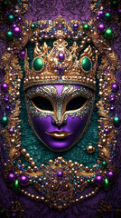 Wall Mural - Ornate Purple and Gold Mardi Gras Mask with Jewels and Green Orbs. Concept of Festive Elegance, Carnival Celebration, Luxurious Masquerade. Vertical