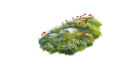 Lush grass patch with colorful flowers isolated on transparent background