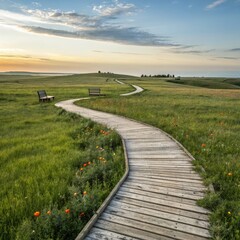 Poster - Winding Wooden Walkway in a Serene Grassy Landscape at Dusk. Generative AI