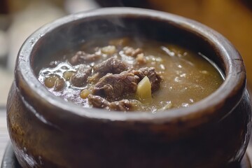 Canvas Print - Detailed look at Dogani tang a nourishing soup made with ox knee and beef served in an earthen ttukbaegi pot