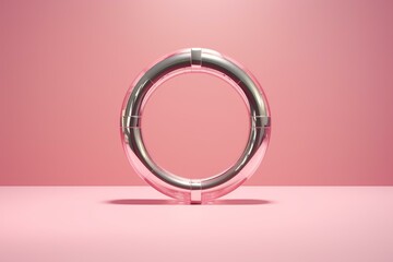 Wall Mural - Silver ring with pink glass sections standing on pink surface with light pink background, minimal abstract concept