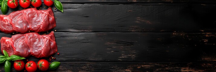 Close up of two pieces of meat on a wooden table with a tomato