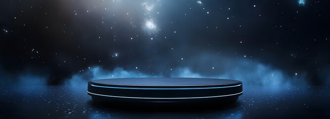 Wall Mural - A futuristic podium with LED lighting, floating in space with stars twinkling in the background