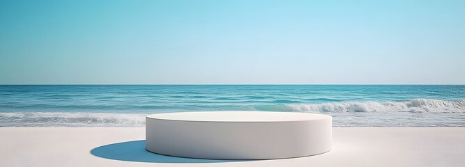 Wall Mural - a podium on a white sandy beach, with calm blue ocean waves gently rolling in the distance
