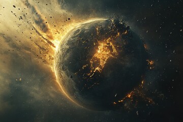 Wall Mural - Apocalyptic Earth Catastrophe: Planet Exploding Amidst Meteor Storms and Celestial Chaos