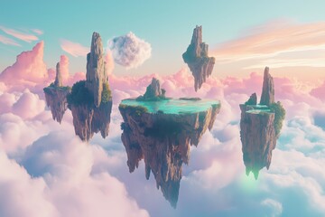 Wall Mural - A surreal dreamscape with floating islands and pastel 